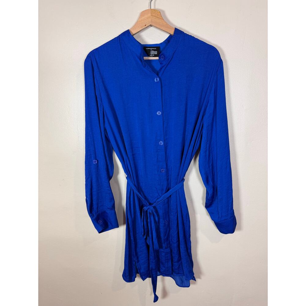 Summersalt Womens Silky Shirt Dress Cobalt Blue Button Down Coastal Beach M